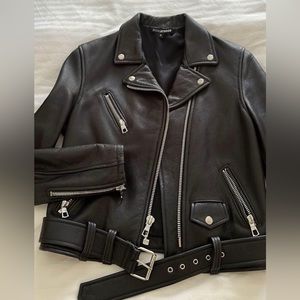 Brooke Atwood 100% black leather biker jacket (size 6)